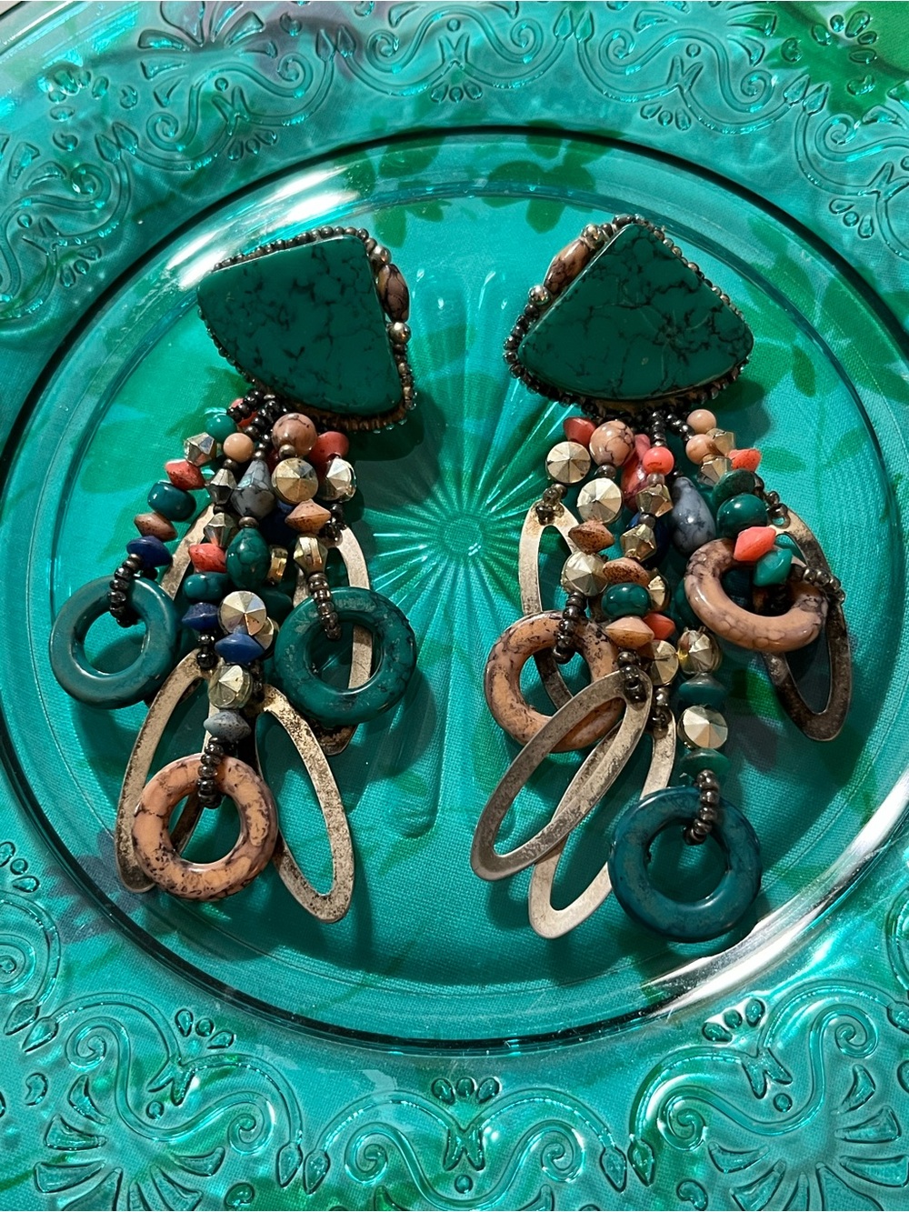 Vintage Chipita Unsigned Faux Turquoise Resin Beaded Chandelier Post Earrings